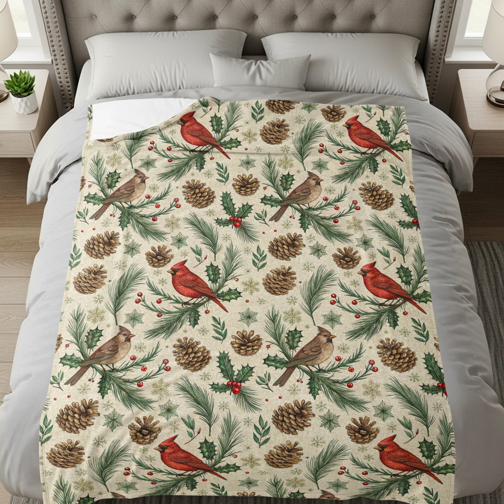 Festive Cardinal and Pinecone Patterned Cozy Blanket