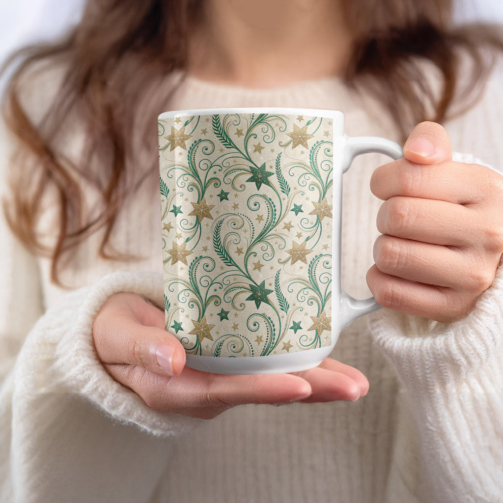 Festive Green and Gold Star Patterned Mug