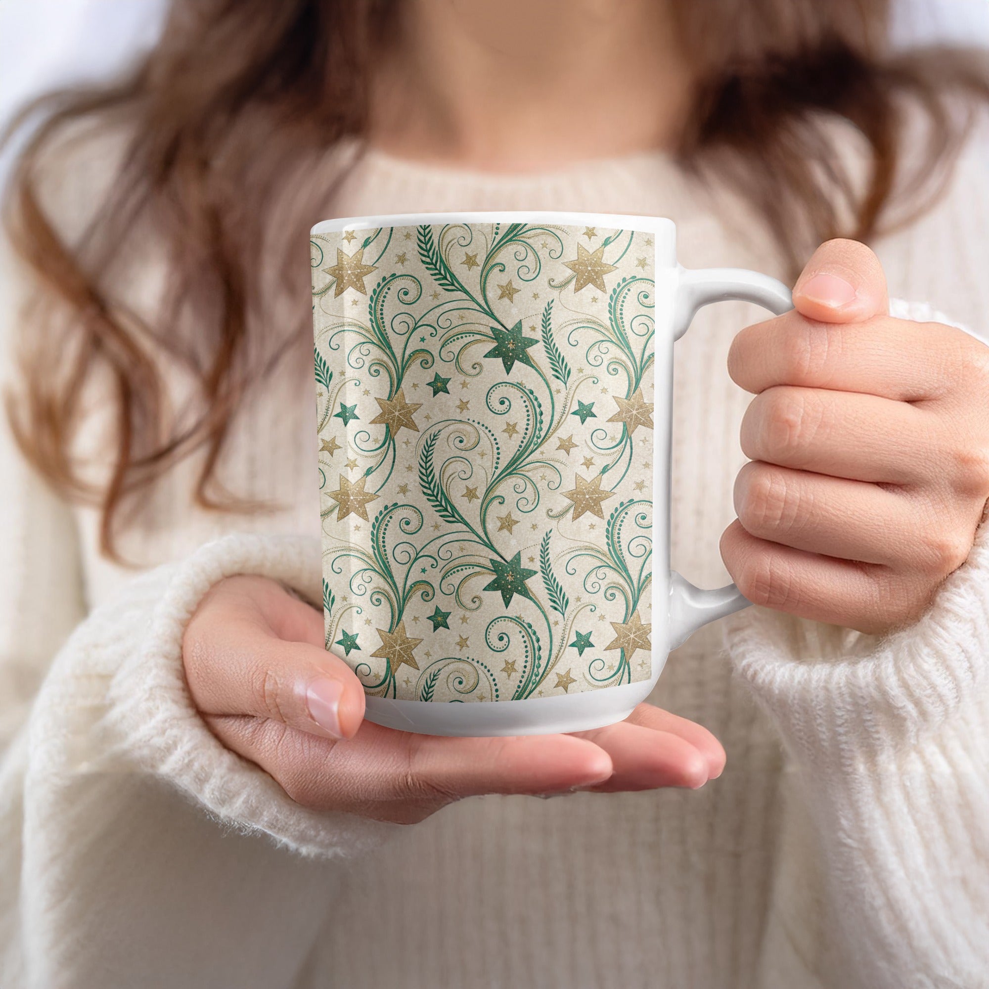 Festive Green and Gold Star Patterned Mug