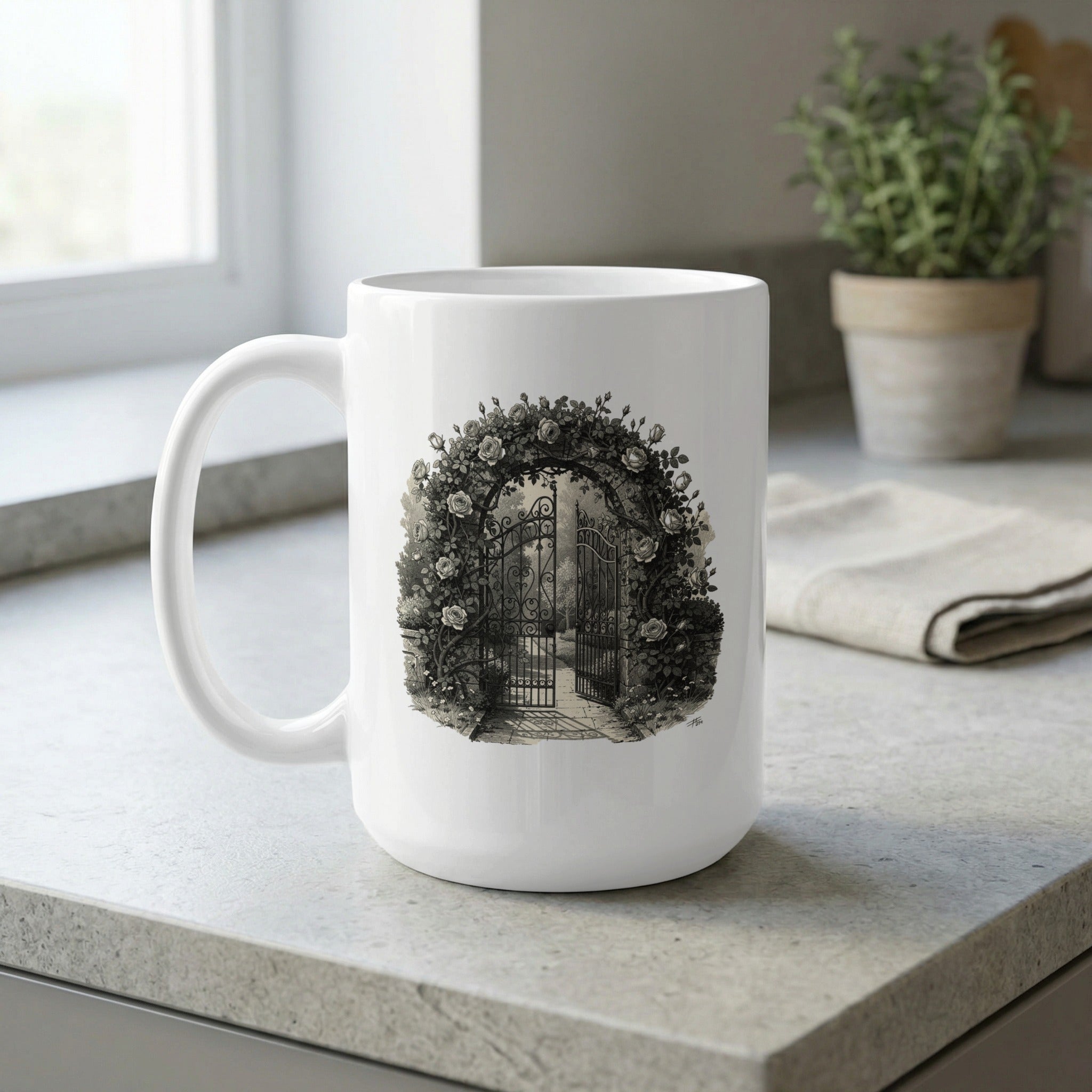 Elegant Floral Garden Gate Artwork on White Mug product