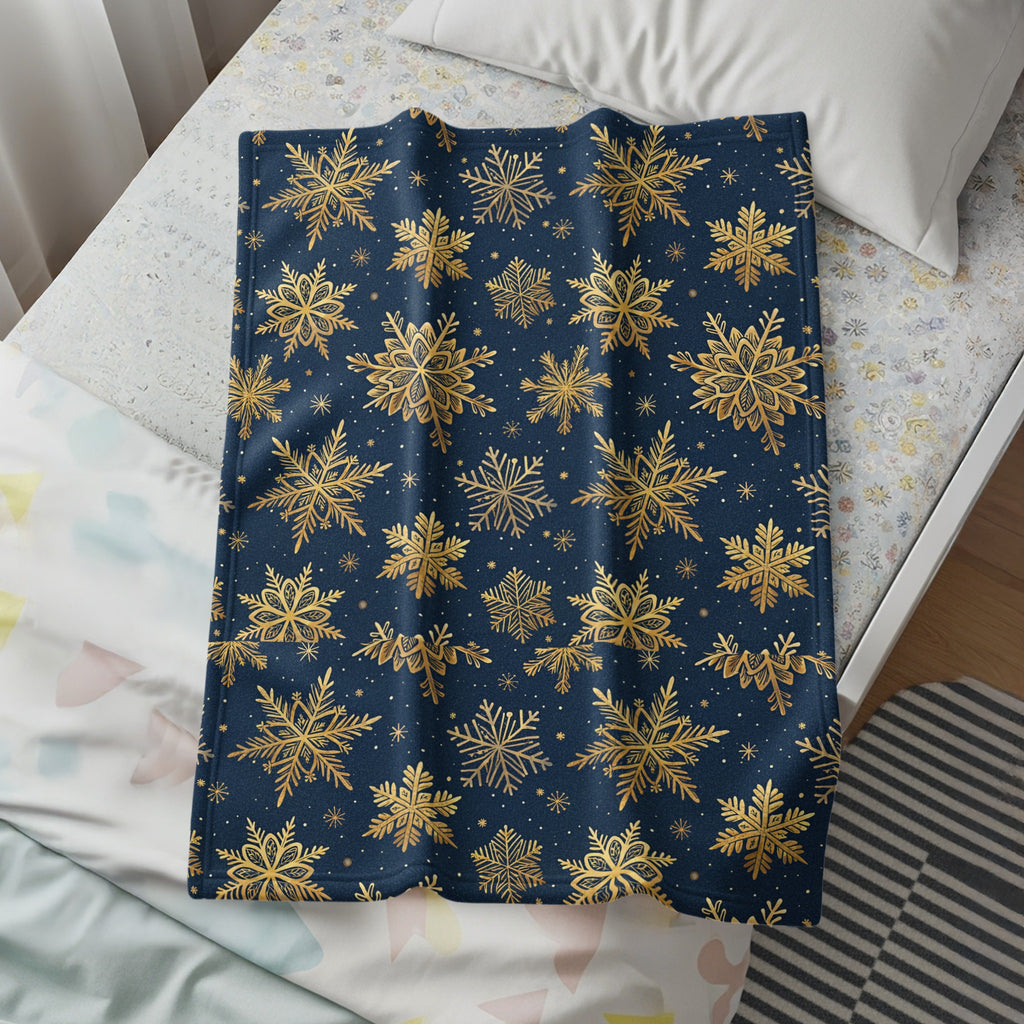 Golden Snowflakes on Dark Blue Background Blanket