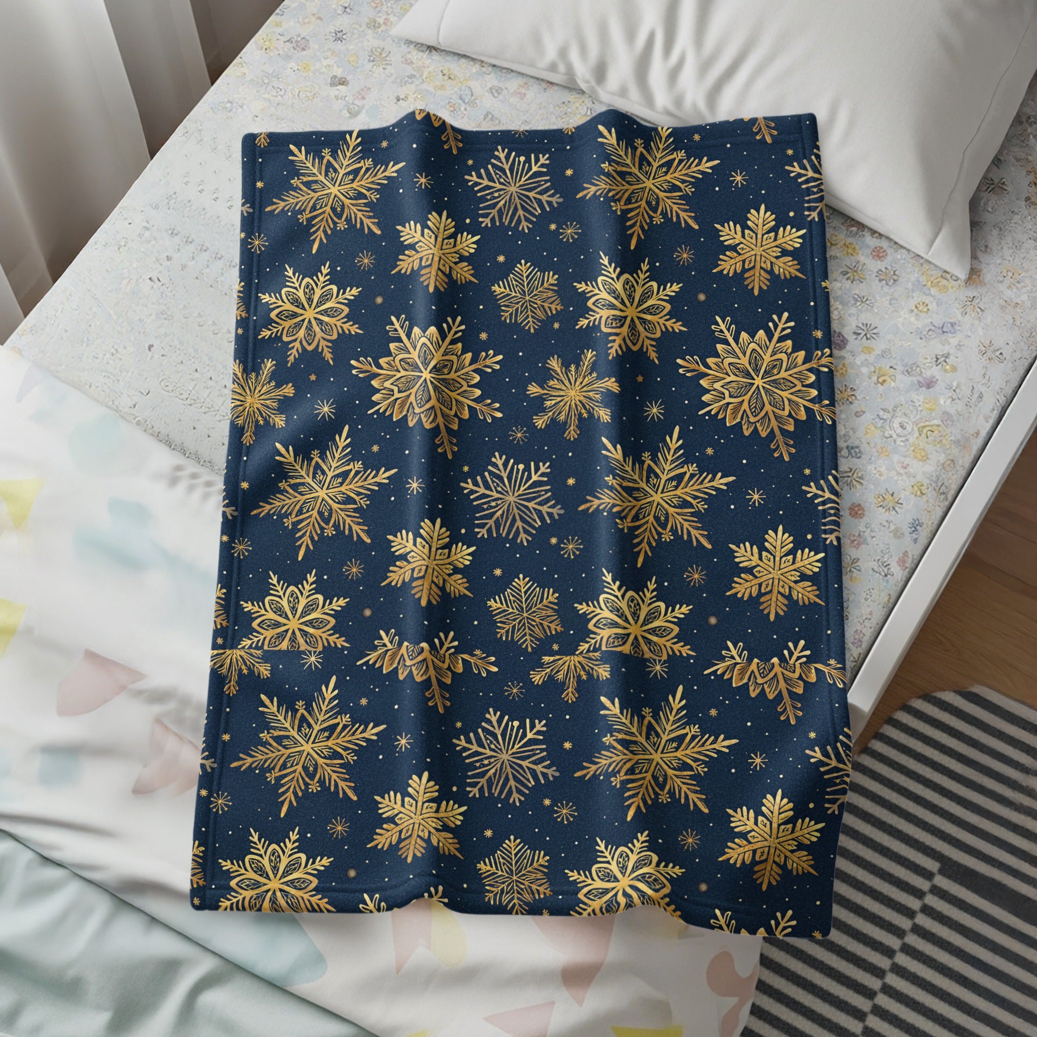 Golden Snowflakes on Dark Blue Background Blanket