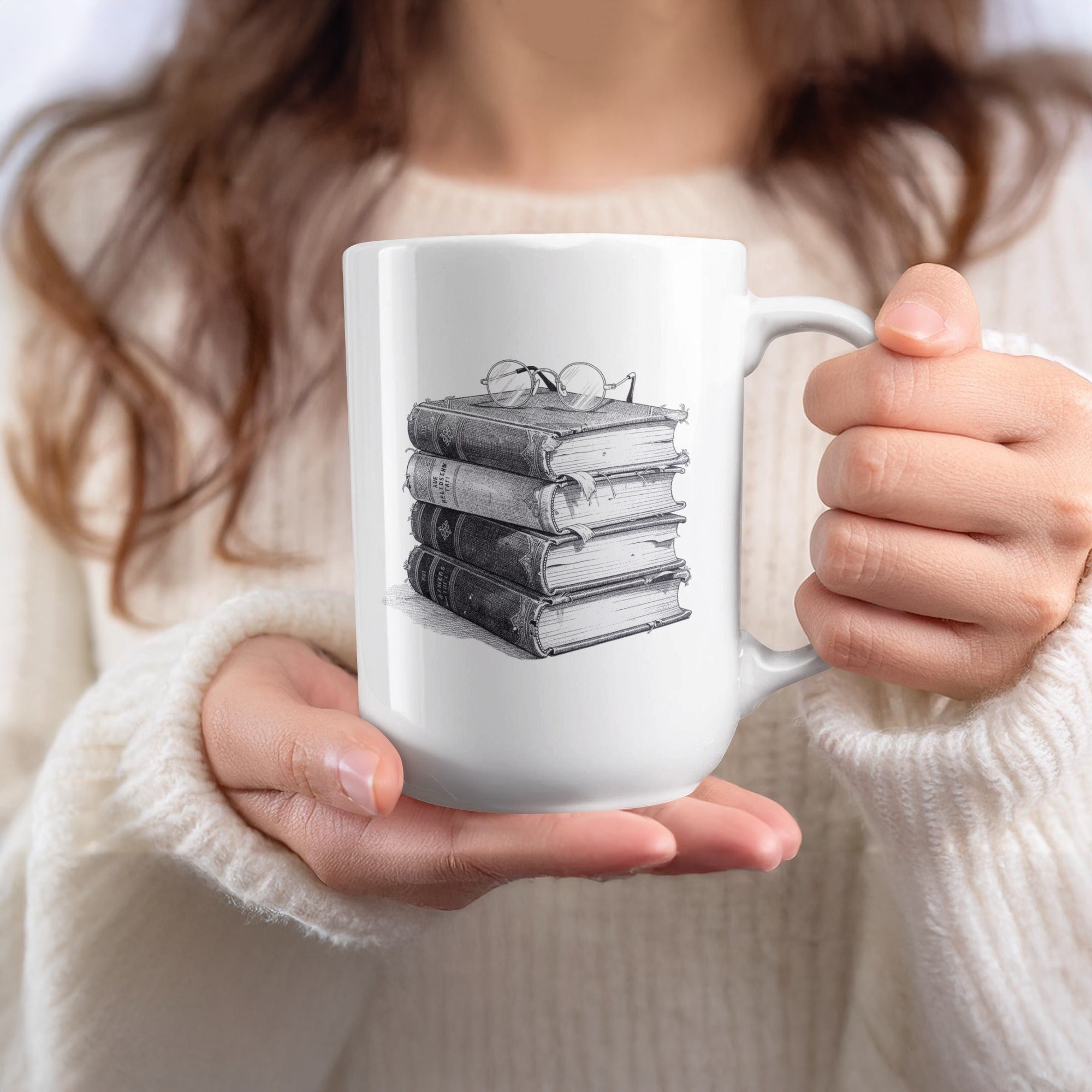 Stack of Books with Glasses Graphic Mug