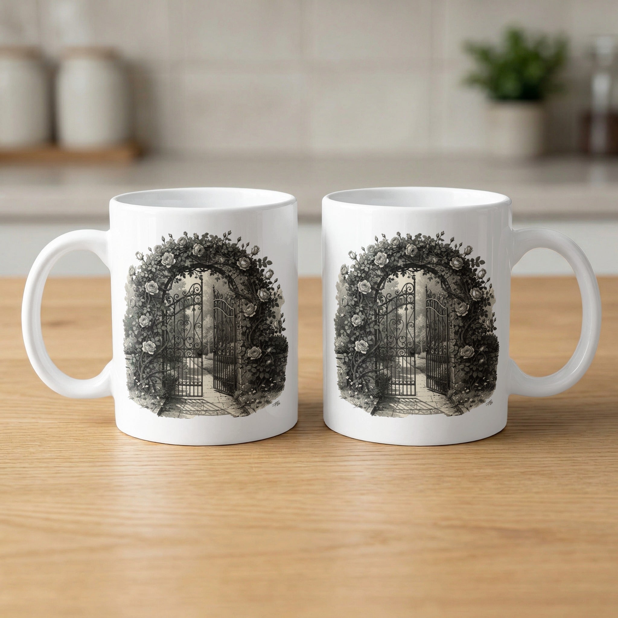 Enchanting Garden Gate Design White Ceramic Mug