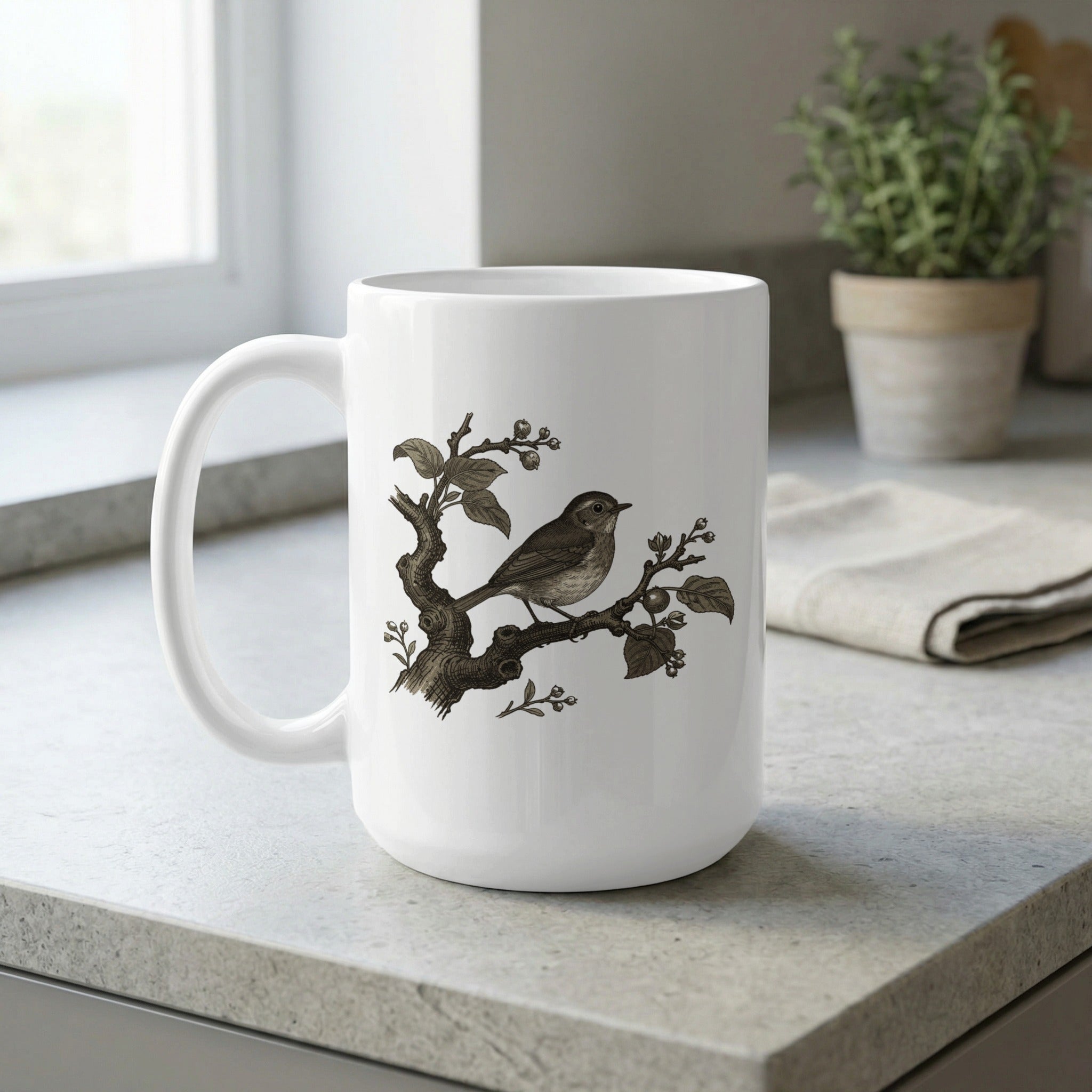 Vintage Bird and Branch Design White Coffee Mug