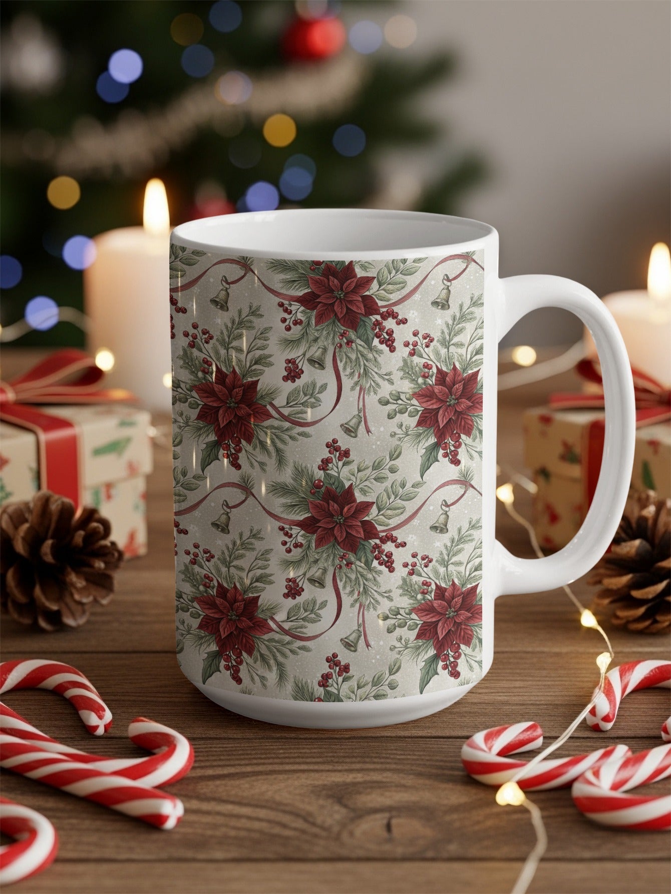 Festive Holiday Themed Mug with Floral Print Design
