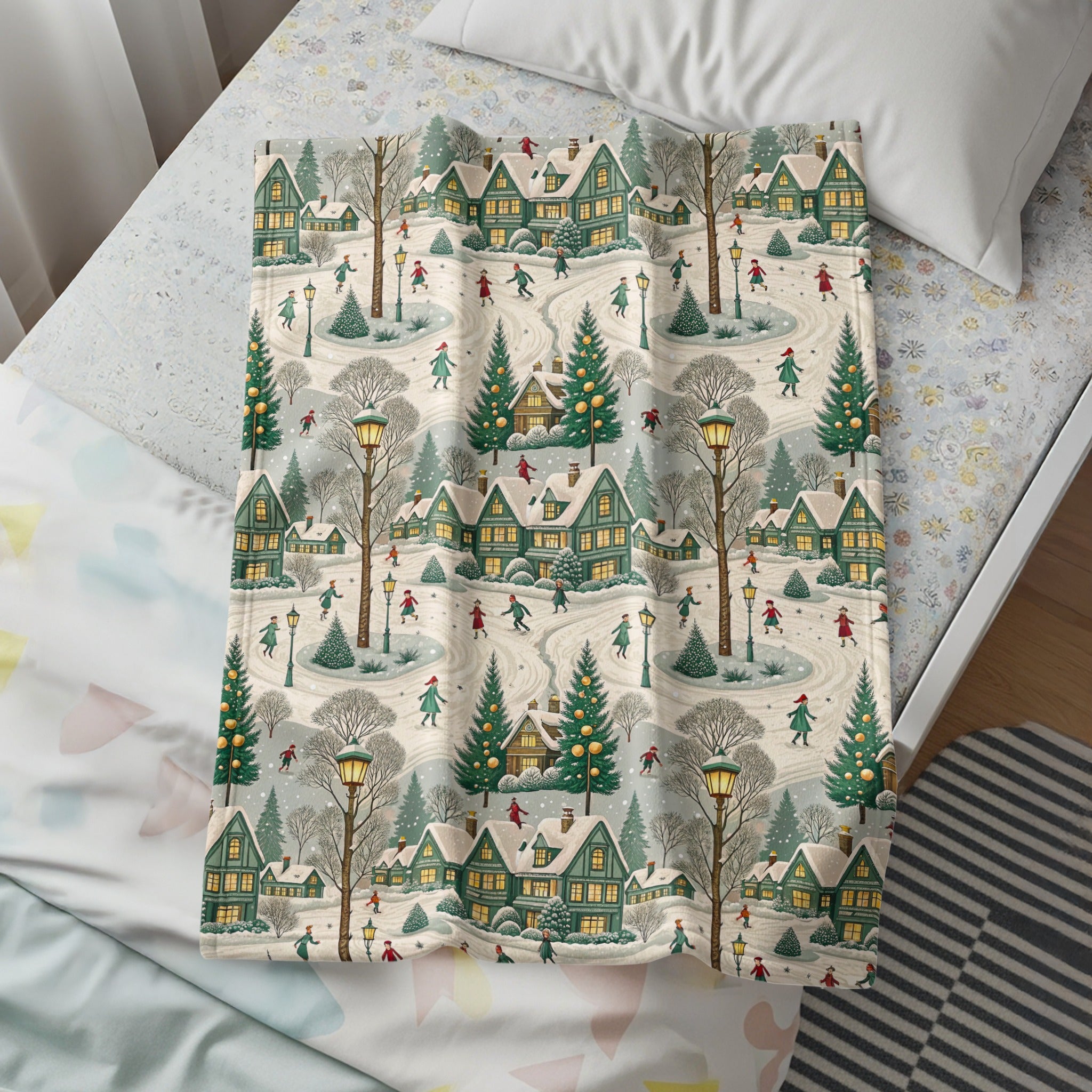 Winter Village Scene with Skaters Bedspread