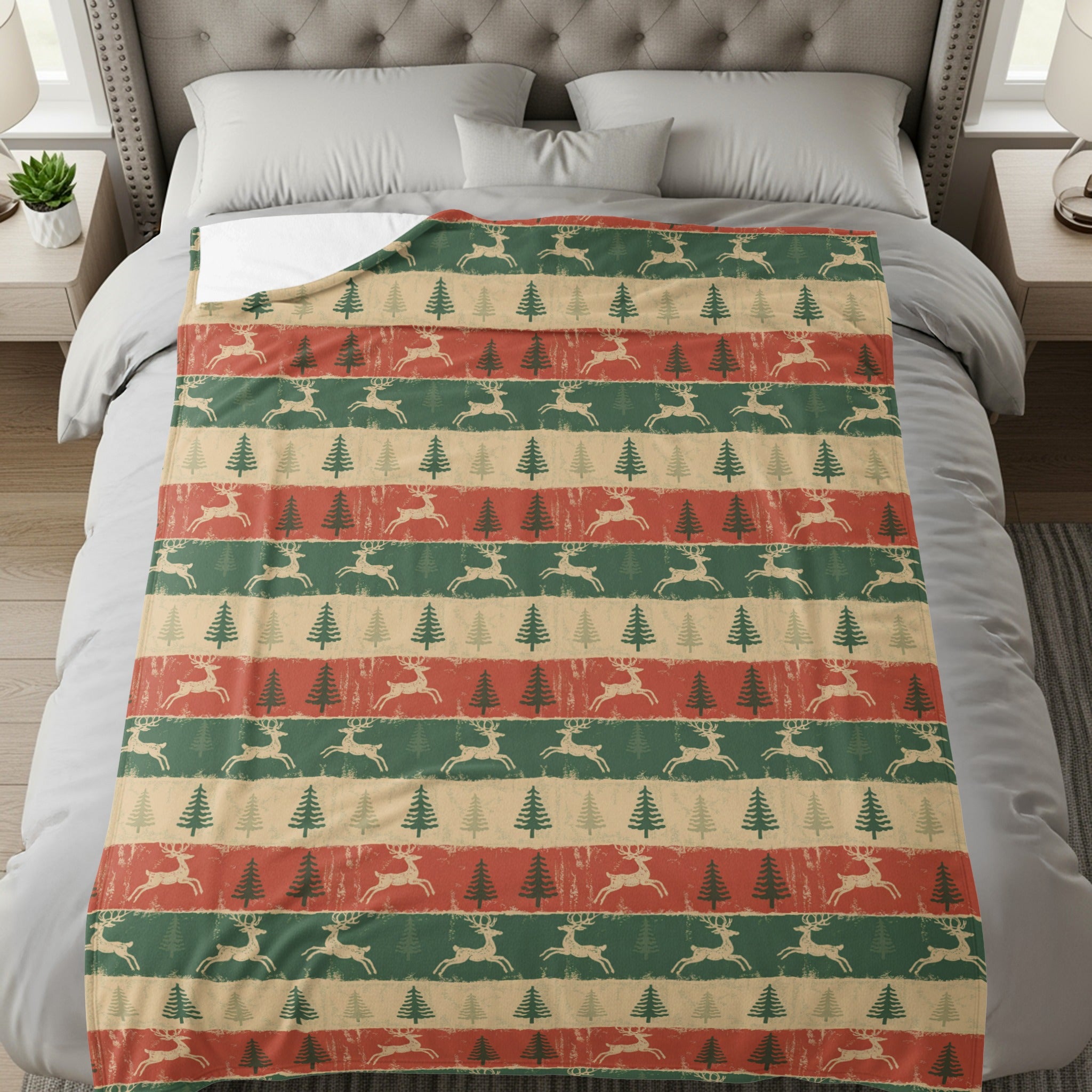 Festive Reindeer and Trees Print Blanket Bedding