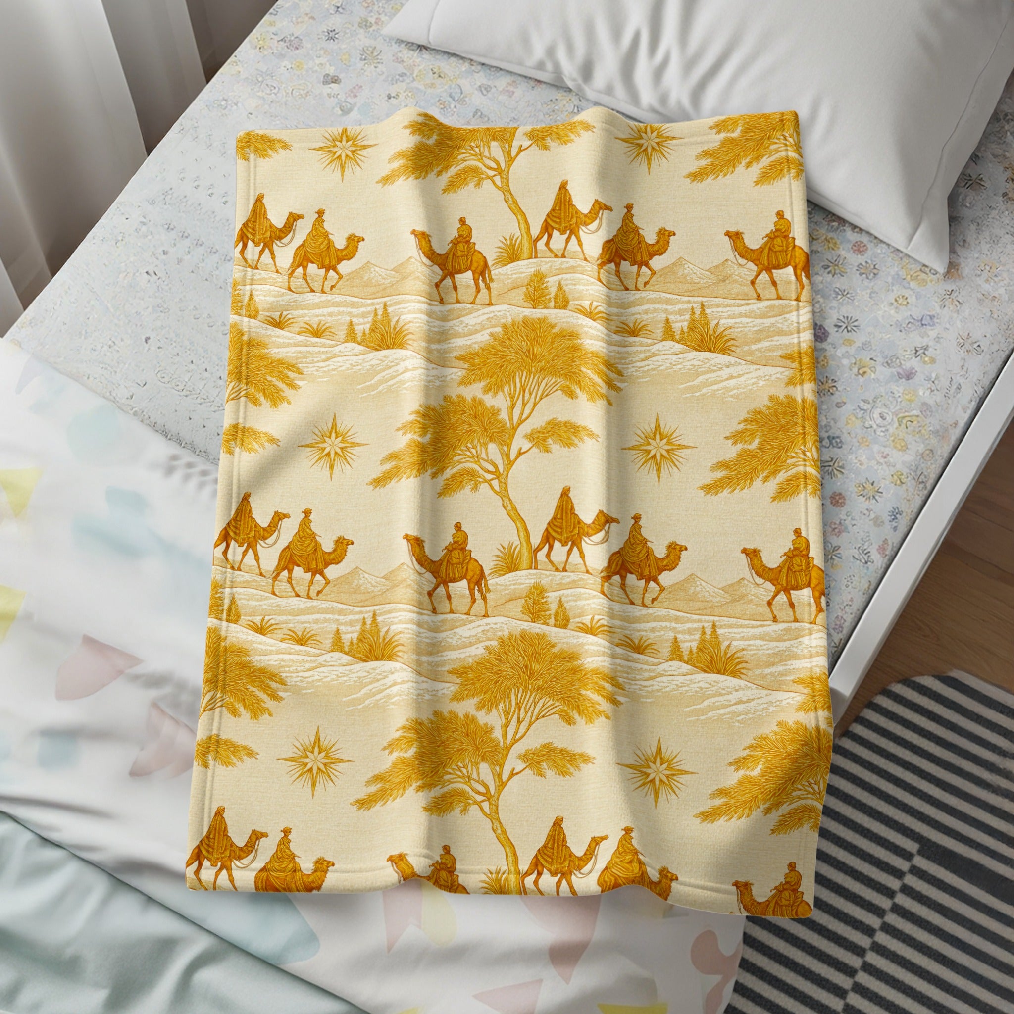Golden Camel and Desert Pattern Throw Blanket