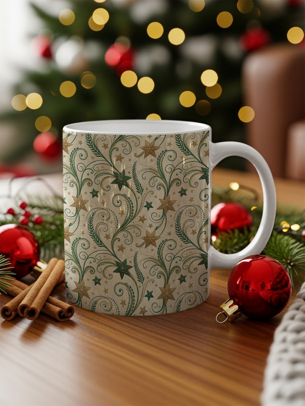 Festive Holiday Mug with Swirled Stars and Ornaments