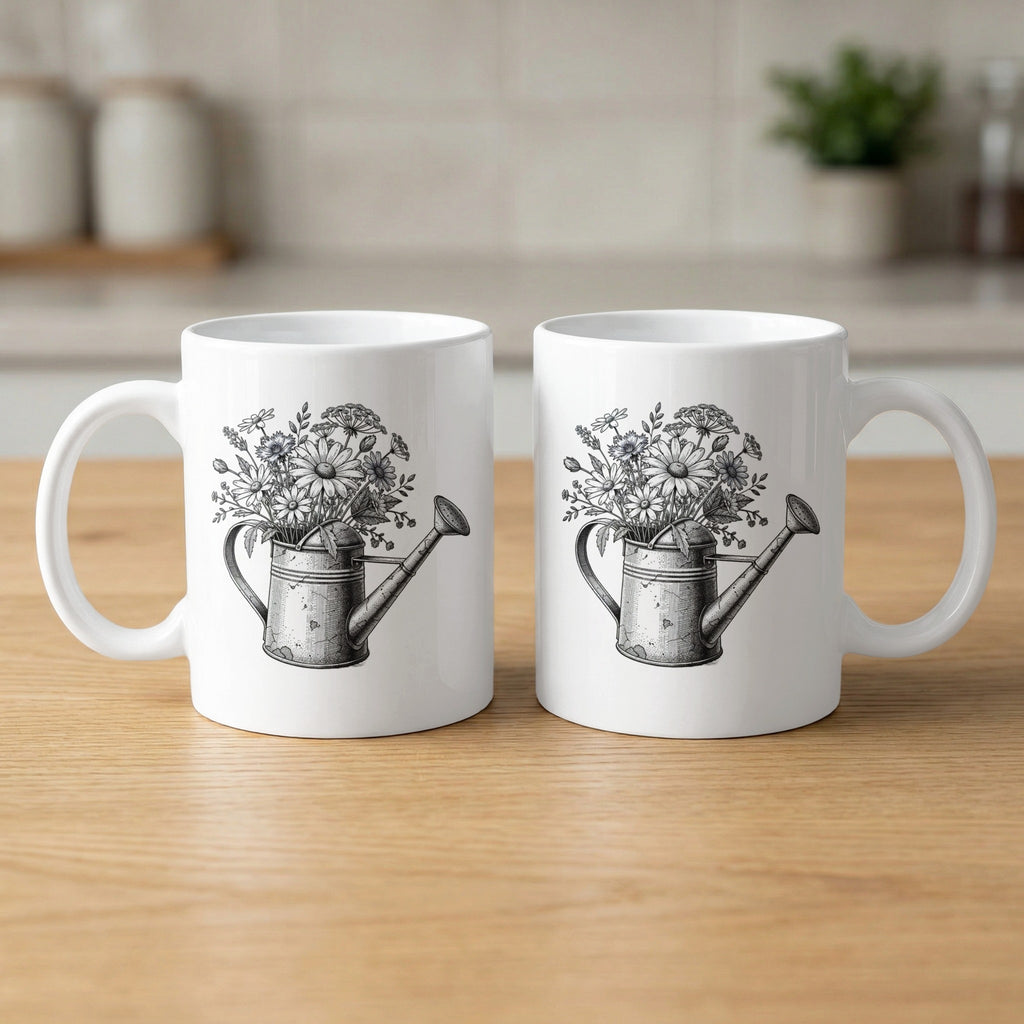 Vintage Watering Can and Flowers Artwork Mug Set