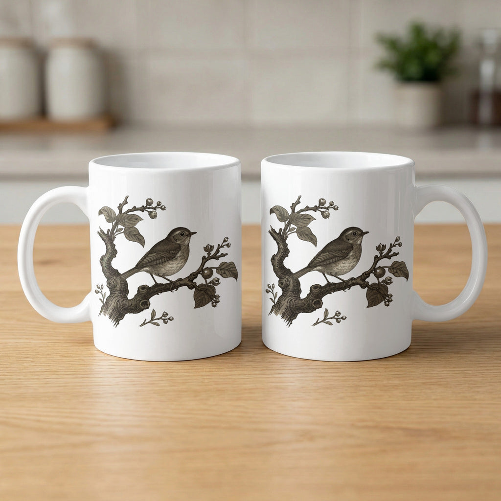 Vintage Bird Print Design on White Coffee Mug