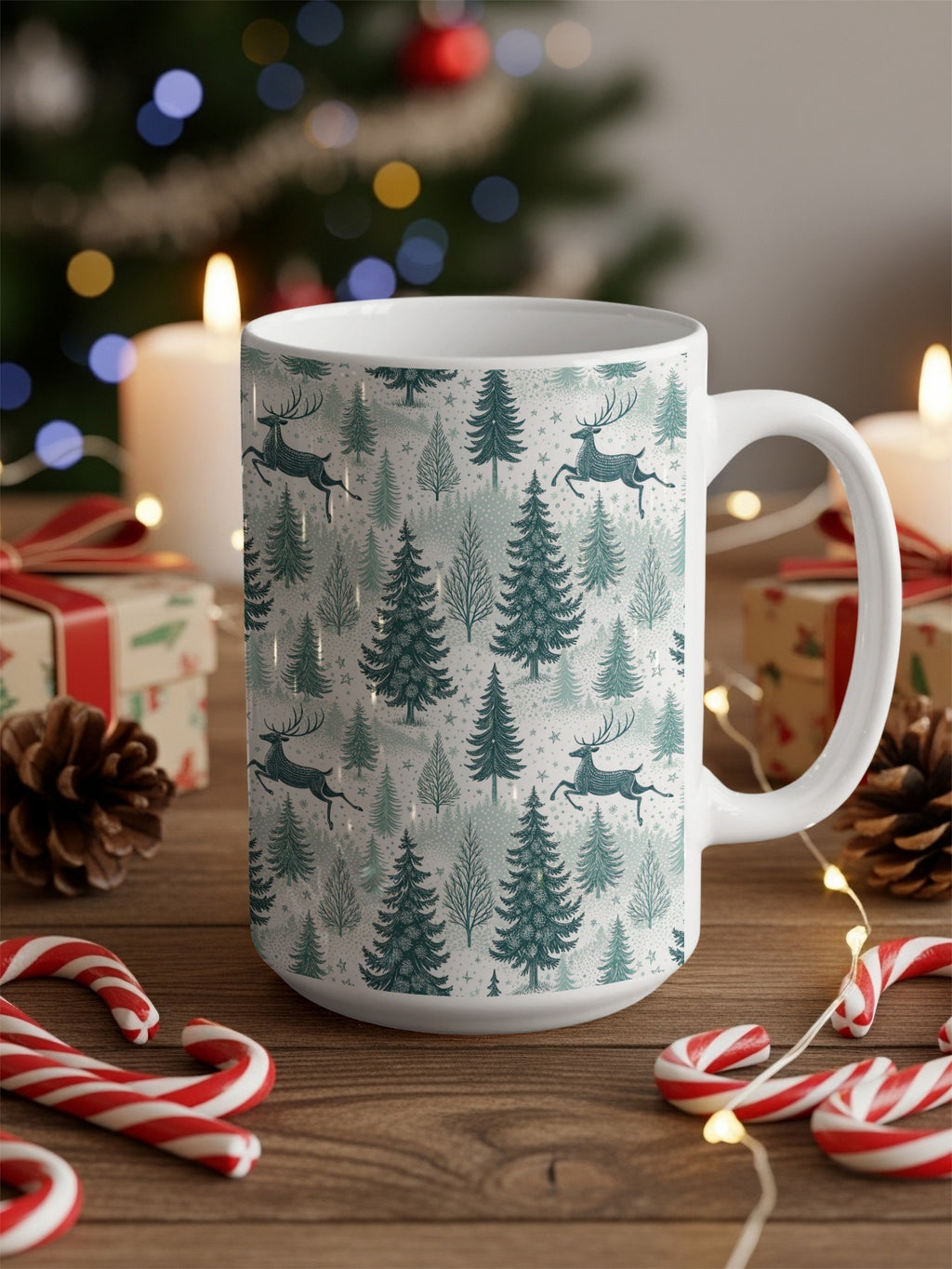 Christmas Holiday Mug with Festive Tree and Reindeer Design