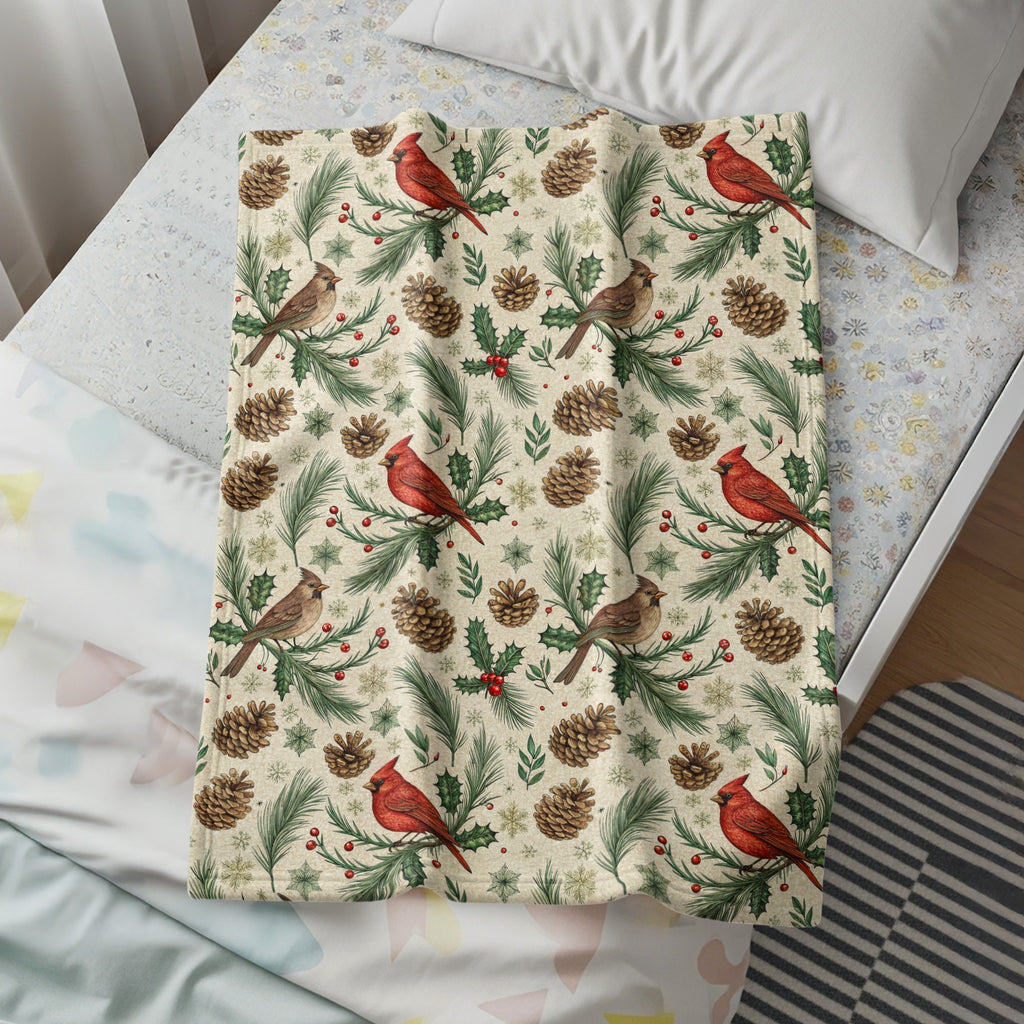 Festive Cardinal and Pinecone Patterned Bedding Blanket
