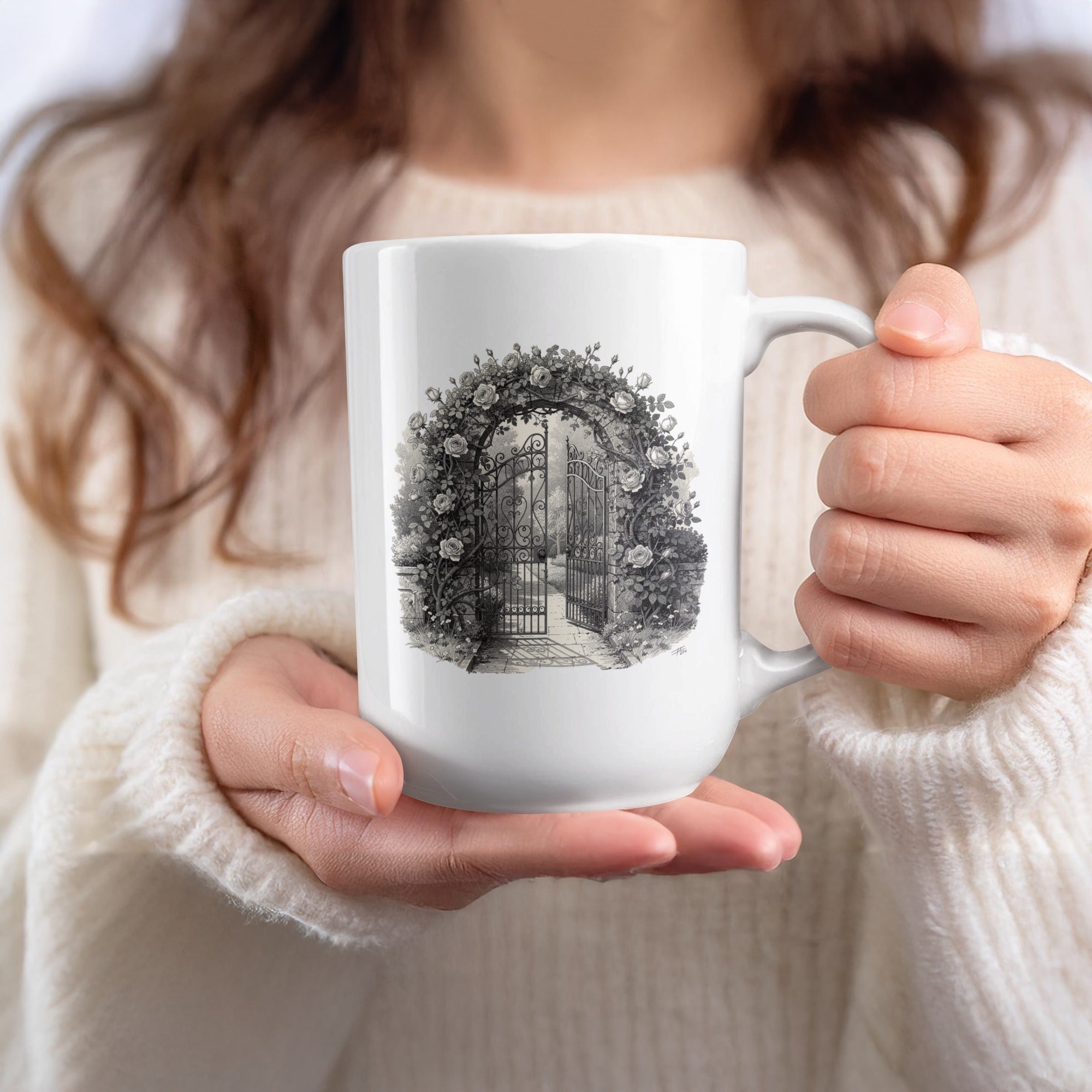 Beautiful Garden Gate Scene with Roses Coffee Mug