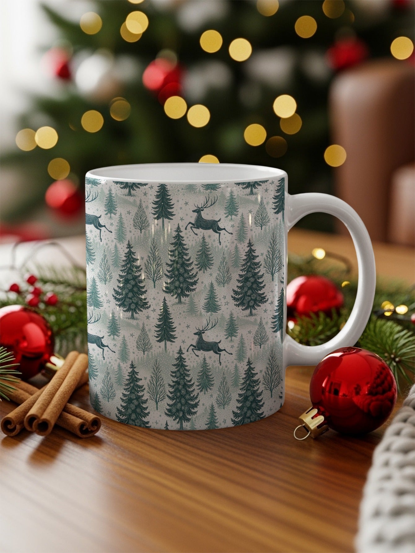 Festive Christmas Tree and Reindeer Mug for Holiday Season