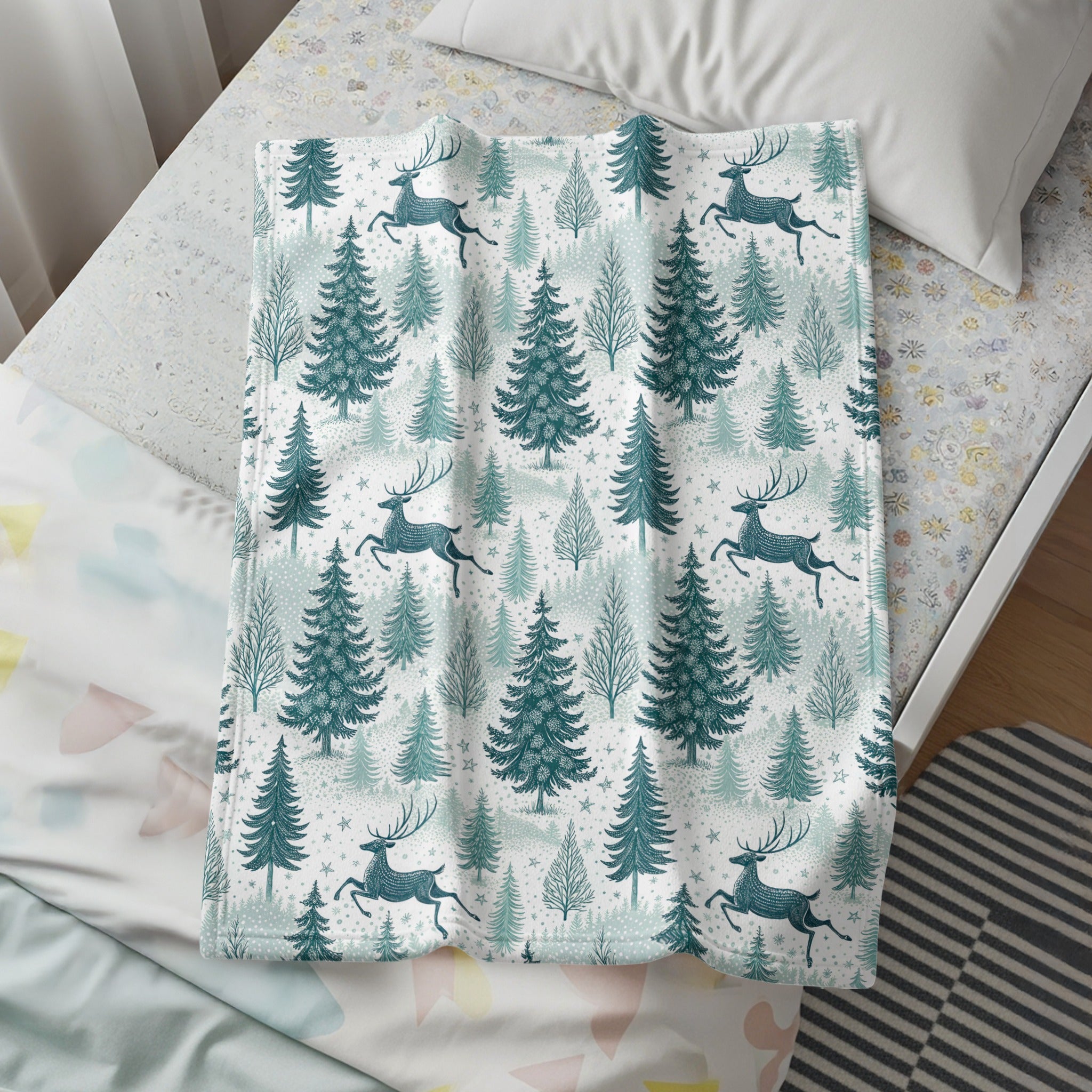 Festive Winter Wonderland Reindeer and Trees Blanket