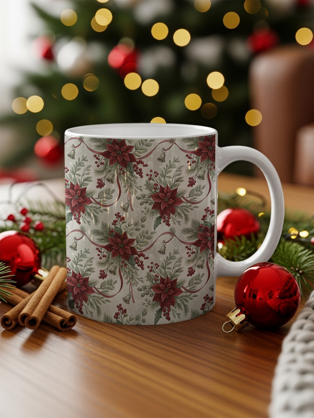 Festive Poinsettia and Holly Mug Christmas Gift